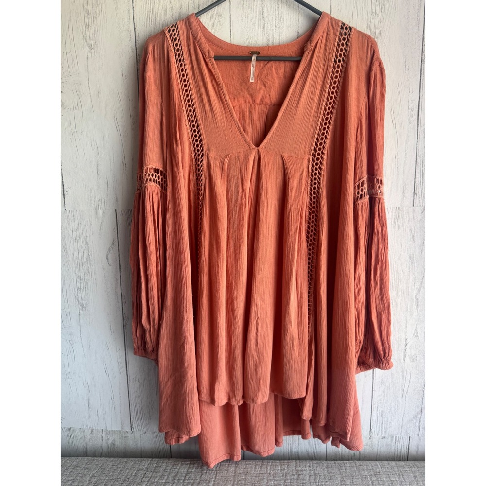 Free People Crochet Trim V-Neck Tunic Top Coral Orange Boho Balloon Sleeve XS